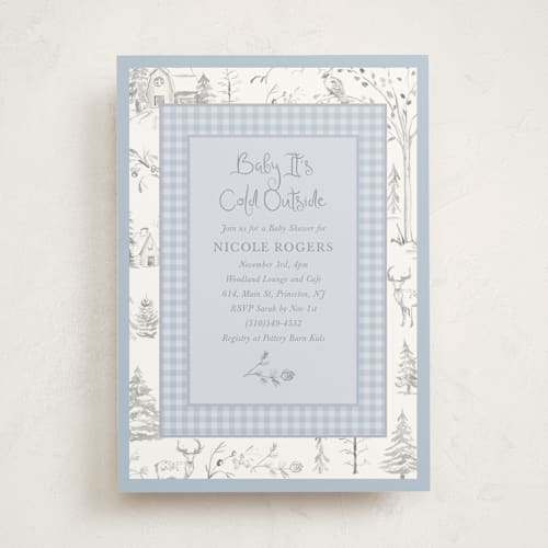This is a lake baby shower invitations with standard by Teju Reval called winter toile printing on signature in standard