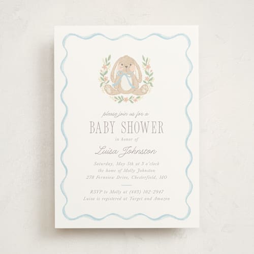 This is a cornflower baby shower invitations with standard by Laura Hankins called bunny crest printing on signature in standard