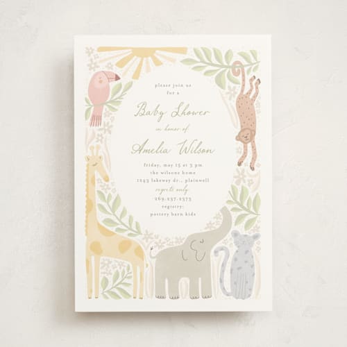 This is a jungle baby shower invitations with standard by Pixel and Hank called littlest friends printing on signature in standard