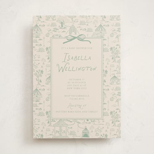 This is a pistachio baby shower invitations with standard by Kartika Paramita called animal circus toile printing on signature in standard