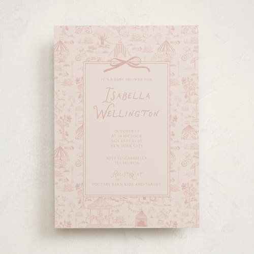 This is a powder blush baby shower invitations with standard by Kartika Paramita called animal circus toile printing on signature in standard