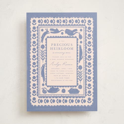 This is a powder baby shower invitations with standard by Sierra Lee called heirloom printing on signature in standard