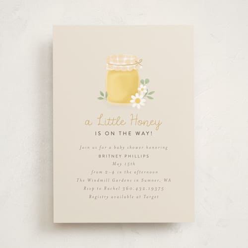 This is a greige baby shower invitations with standard by Itsy Belle Studio called little honey printing on signature in standard