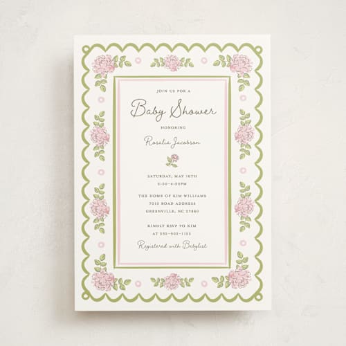 This is a rose baby shower invitations with standard by Holton Art and Design called garden rose doily printing on signature in standard