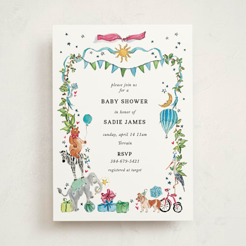 This is a celestial baby shower invitations with standard by Jill Delavan called favorite things printing on signature in standard