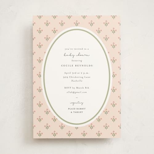 This is a peach baby shower invitations with standard by Sara Hicks Malone called petite fleur printing on signature in standard