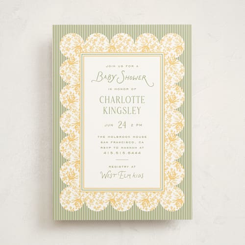This is a daffodil baby shower invitations with standard by Heather Schertzer called nostalgic printing on signature in standard