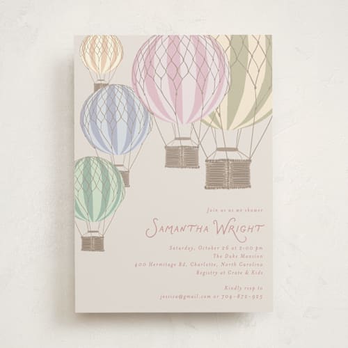 This is a dusty rose baby shower invitations with standard by Kampai Designs called balloons printing on signature in standard