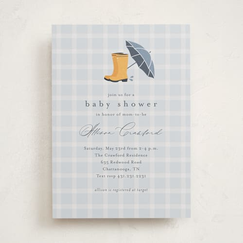 This is a raindrop baby shower invitations with standard by Stacey Meacham called baby wellies printing on signature in standard