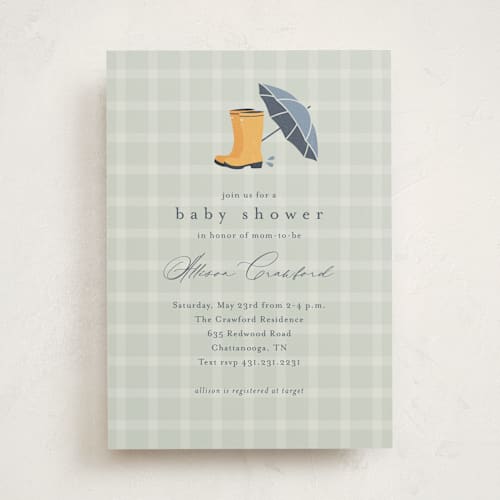 This is a sage baby shower invitations with standard by Stacey Meacham called baby wellies printing on signature in standard