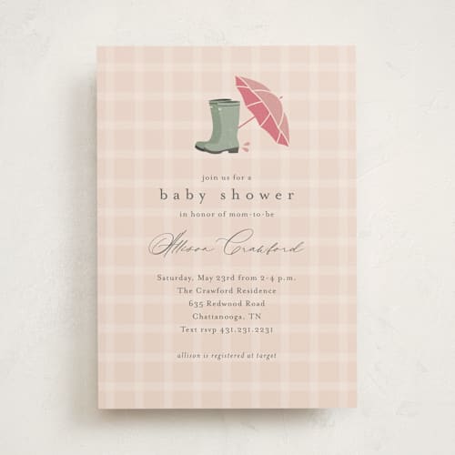 This is a peony baby shower invitations with standard by Stacey Meacham called baby wellies printing on signature in standard