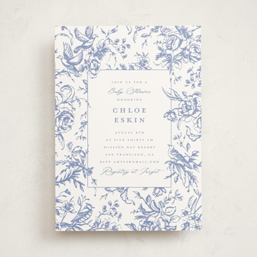 This is a blueberry baby shower invitations with standard by Teju Reval called dreamy toile printing on signature in standard