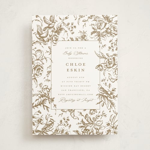 This is a champagne baby shower invitations with standard by Teju Reval called dreamy toile printing on signature in standard