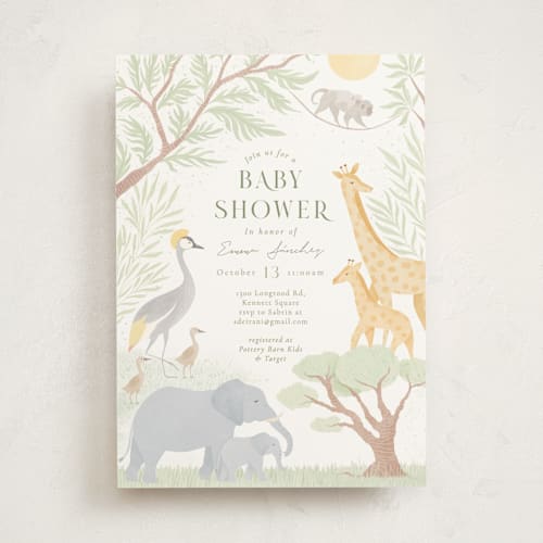 This is a sage baby shower invitations with standard by Sabrin Deirani called lovely jungle printing on signature in standard