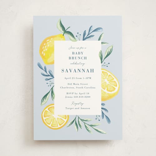 This is a pale blue baby shower invitations with standard by Megan Cash called lemons printing on signature in standard