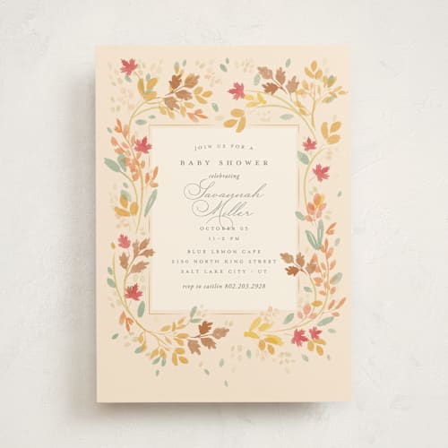 This is a cream baby shower invitations with standard by Robert and Stella called fall frame printing on signature in standard