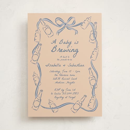This is a periwinkle baby shower invitations with standard by Jamie Alexander called bottles and brews printing on signature in standard