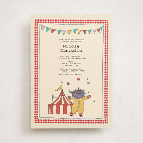 This is a crimson baby shower invitations with standard by Noun New York called illustrated circus theme with juggling bear printing on signature in standard