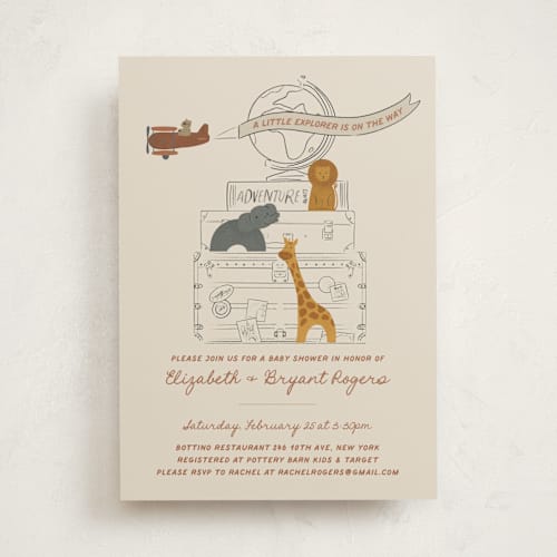 This is a copper baby shower invitations with standard by Jenna Holcomb called little explorer printing on signature in standard