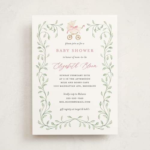 This is a peony baby shower invitations with standard by Sarah Knight called graceful printing on signature in standard