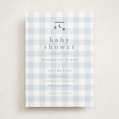 This is a baby blue baby shower invitations with standard by Stacey Meacham called gingham mobile printing on signature in standard