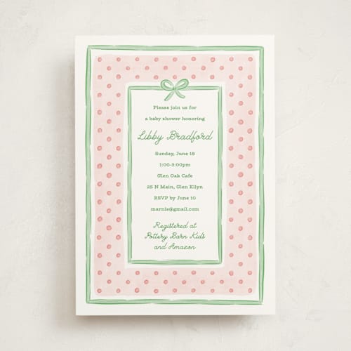 This is a strawberry baby shower invitations with standard by Erin German called polka dot frame printing on signature in standard
