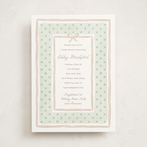This is a honeydew baby shower invitations with standard by Erin German called polka dot frame printing on signature in standard