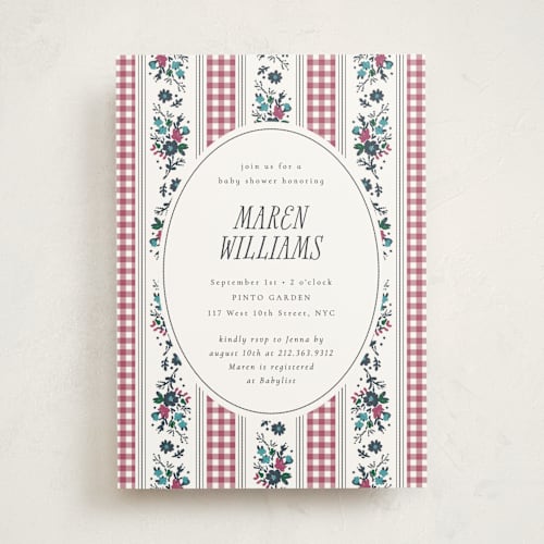 This is a raspberry baby shower invitations with standard by Emily Sabol Goss called pattern mix printing on signature in standard