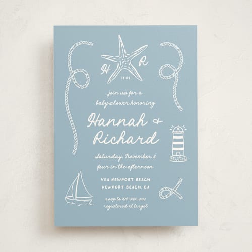 This is a powder blue baby shower invitations with standard by Claudia Orengo called nautical celebration printing on signature in standard