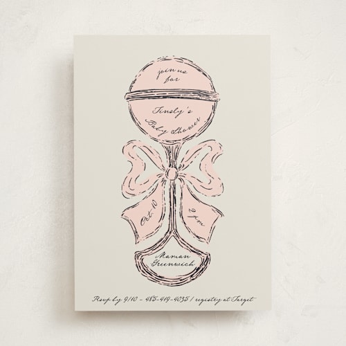 This is a rose baby shower invitations with standard by Gwen Bedat called antique rattle printing on signature in standard
