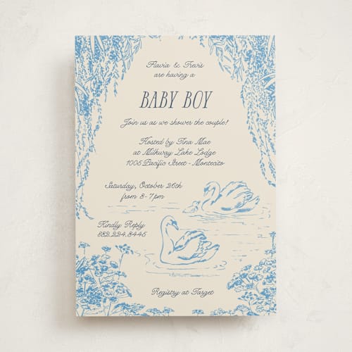 This is a bluebell baby shower invitations with standard by Pati Cascino called sweet swan printing on signature in standard