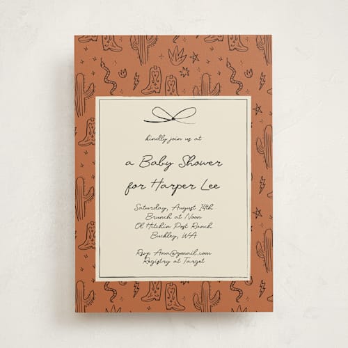 This is a rust baby shower invitations with standard by Ani Somi called el ranchero printing on signature in standard