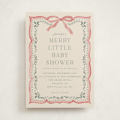 This is a eggnog baby shower invitations with standard by Chris Griffith called ribbon stripe holiday printing on signature in standard