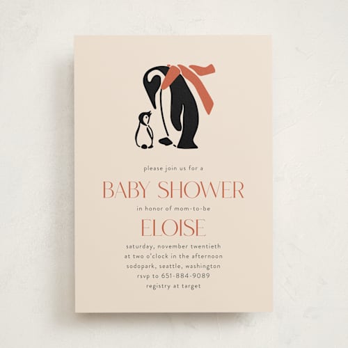 This is a scarlet baby shower invitations with standard by Lauren Jinhee called penguin print printing on signature in standard
