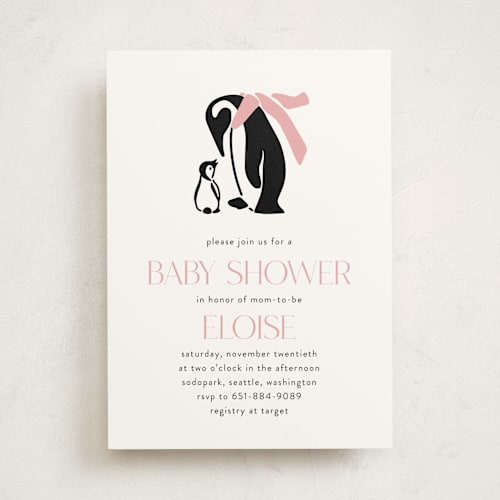 This is a petal baby shower invitations with standard by Lauren Jinhee called penguin print printing on signature in standard