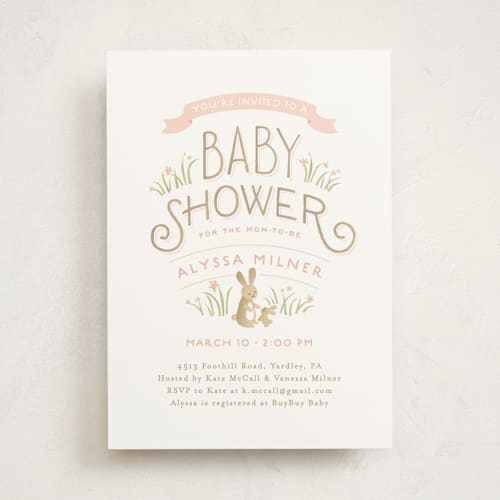 This is a blush baby shower invitations with standard by Jennifer Wick called springtime bunnies printing on signature in standard
