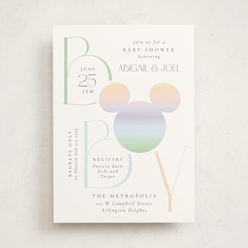 This is a rainbow baby shower invitations with standard by Beth Schneider called disney ombre mickey mouse printing on signature in standard