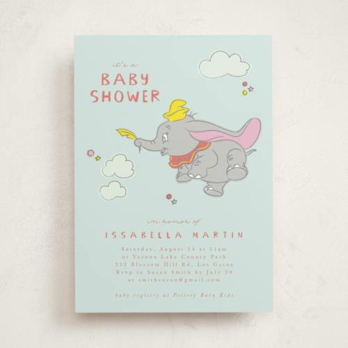 This is a baby blue baby shower invitations with standard by Kanika Mathur called disney's baby dumbo printing on signature in standard