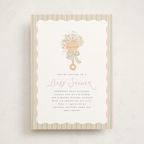 This is a blush baby shower invitations with standard by Itsy Belle Studio called floral rattle printing on signature in standard