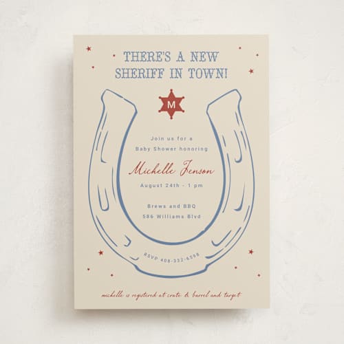 This is a cream baby shower invitations with standard by Ilene Guy called baby sheriff printing on signature in standard