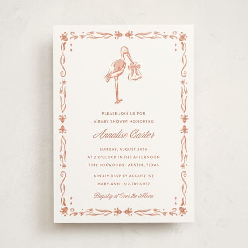 This is a blush baby shower invitations with standard by Kaylee Morgan called watercolor stork baby shower invitation printing on signature in standard