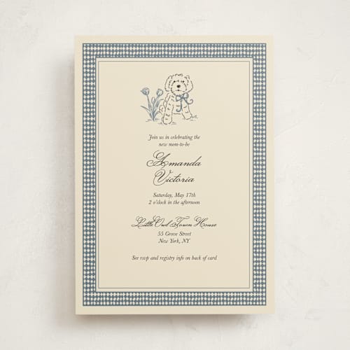 This is a denim baby shower invitations with standard by Noun New York called cottage core dog with watering can of flowers printing on signature in standard