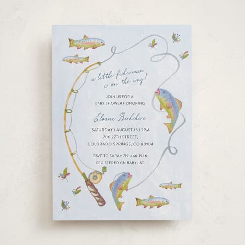 This is a lake baby shower invitations with standard by Sally Dayton called a little fisherman is on the way! printing on signature in standard