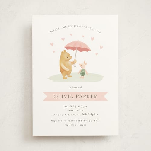 This is a blush baby shower invitations with standard by Katherine Moynagh called disney's pooh and piglet printing on signature in standard