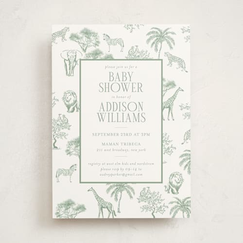 This is a palm baby shower invitations with standard by Jenna Holcomb called safari toile printing on signature in standard