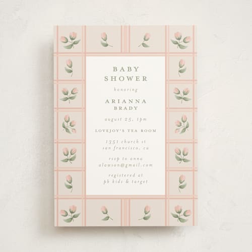 This is a blush baby shower invitations with standard by Jennifer Holbrook called rose quilt printing on signature in standard