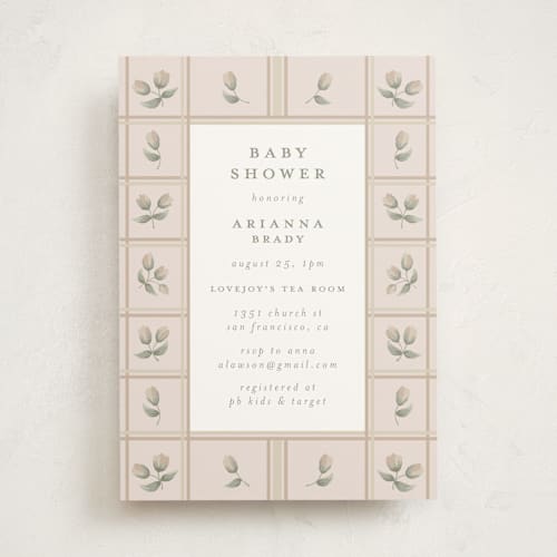 This is a antique baby shower invitations with standard by Jennifer Holbrook called rose quilt printing on signature in standard