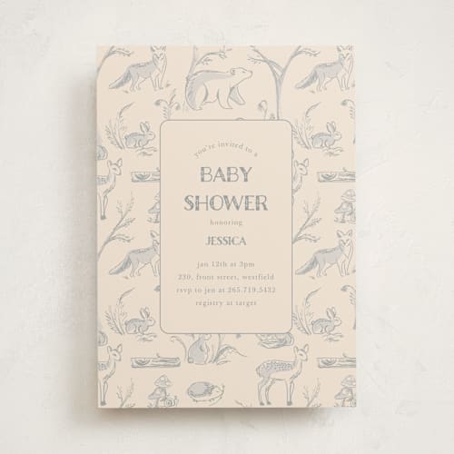 This is a bamboo baby shower invitations with standard by Teju Reval called forest toile printing on signature in standard