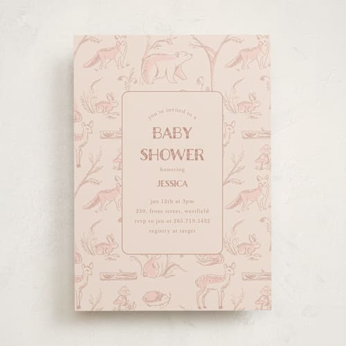 This is a blush baby shower invitations with standard by Teju Reval called forest toile printing on signature in standard