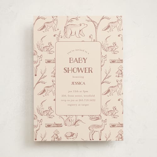 This is a rust baby shower invitations with standard by Teju Reval called forest toile printing on signature in standard
